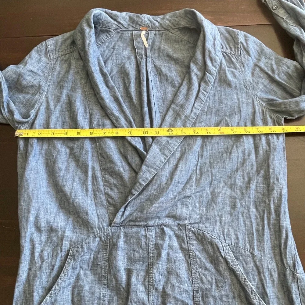 Free People Blue Linen Cotton Chambray Surplice Shawl Collar Mini Dress Womens M